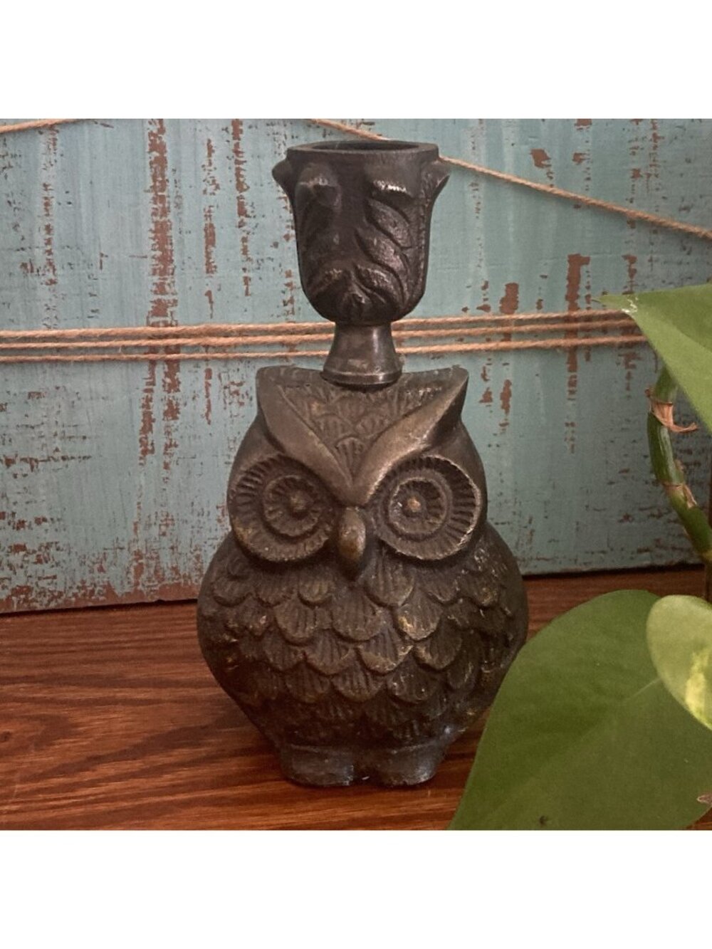 Antique Style Bronze Owl Taper Candle Holder Fall Thanksgiving Halloween Goth